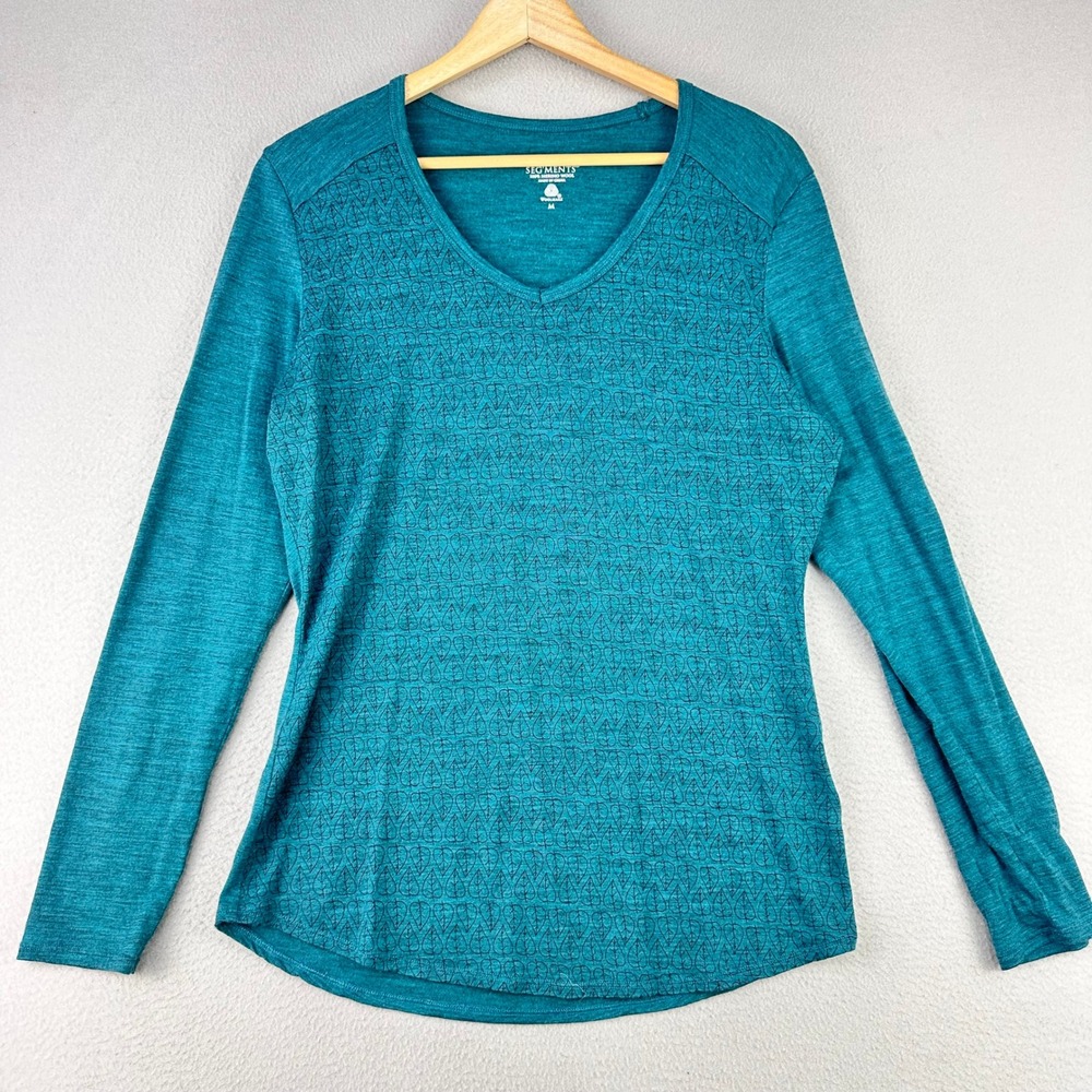 SEG'MENTS Merino Wool Top Womens M Teal Long Sleeve V-Neck Baselayer Outdoor